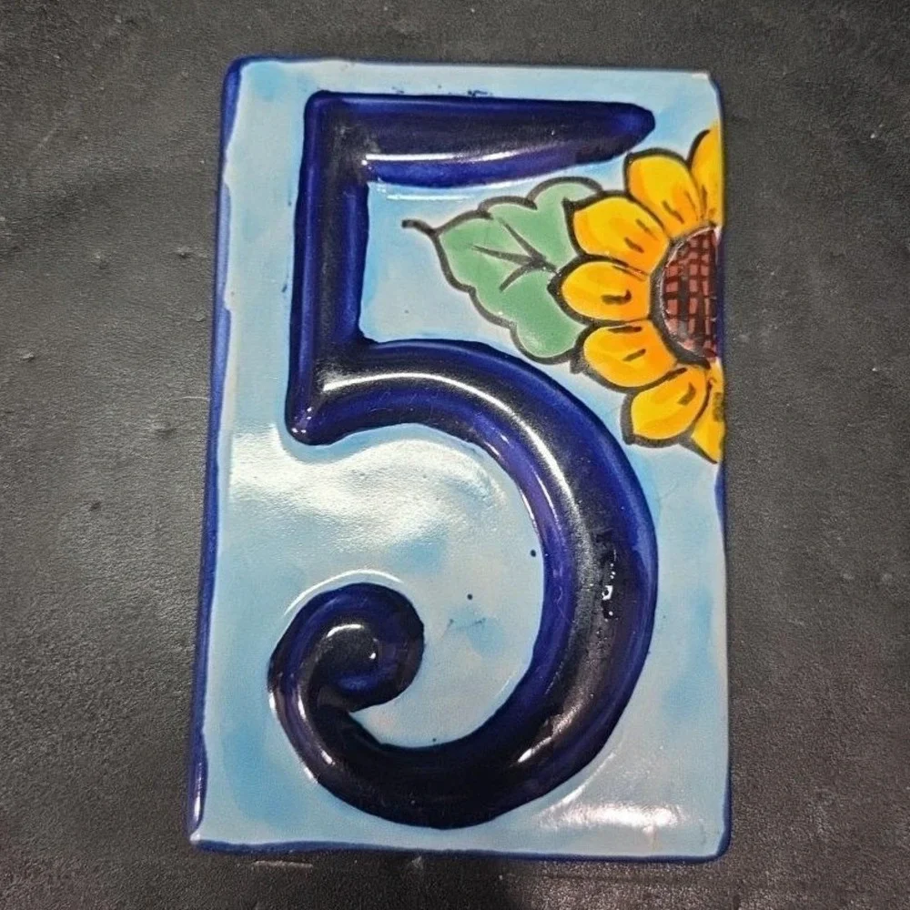 Talavera Sunflower House Number Tile, High‎ Relief #5, Mexican Address Plaque